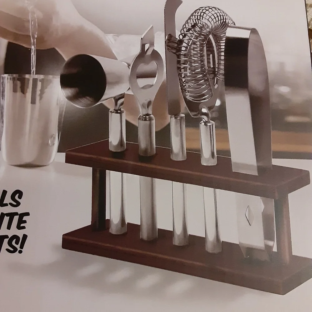Protocol Stainless Steel Home Bar Set in Wooden Stand